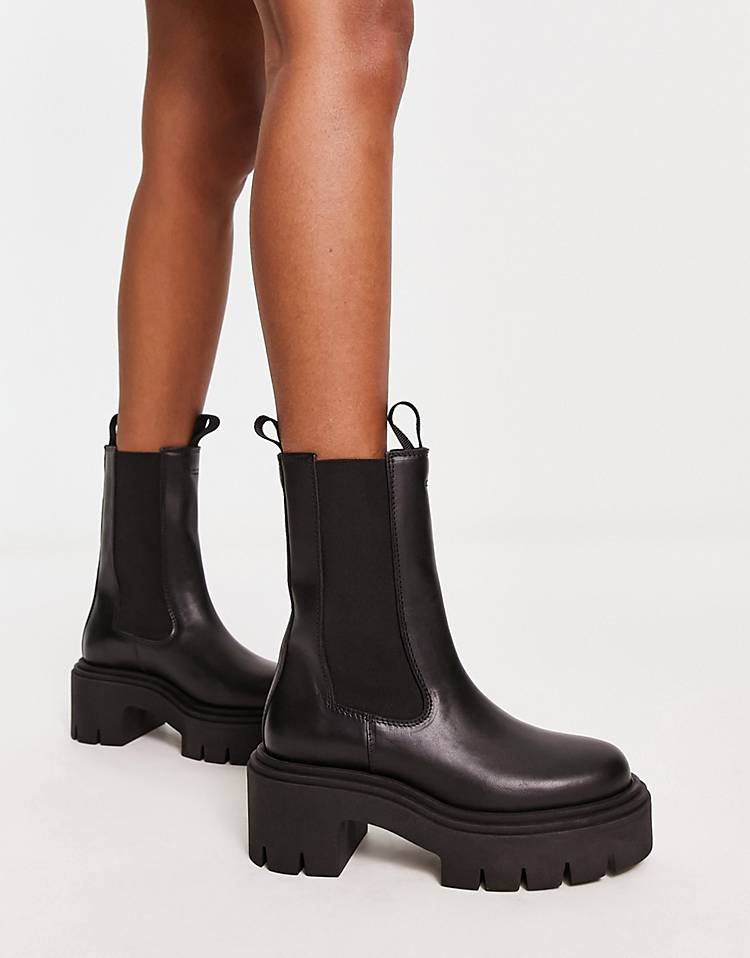 Other Stories leather chunky sole heeled boots in black